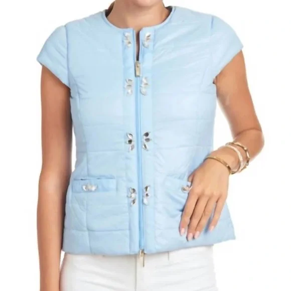 PATTI KIM JEWELS PUFFER VEST WITH LARGE RHINESTONES IN POWER BLUE COLOR SIZE S - Picture 1 of 1